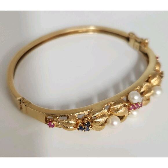 Antique 14k Yellow Gold Diamond,Pearls,Ruby &Sapphire Bangle Bracelets - Picture 10 of 16